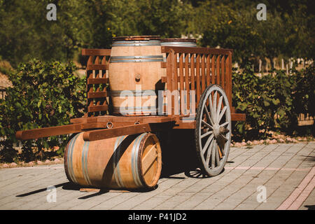 Holzfass mit Rot und Weiß Sonnengelb Wein für die Verkostung im Warenkorb auf dem Weinberg. Texturierte Objekt. Stockfoto