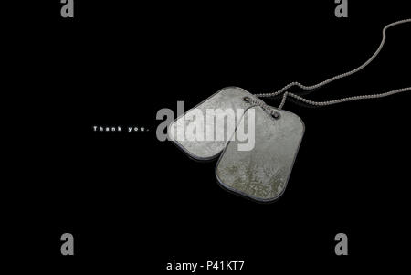 Vielen Dank Veterans Day Old Dog Tags Kette auf schwarzem Hintergrund. 3D-Darstellung Stockfoto