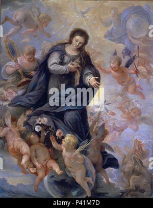 INMACULADA CONCEPCION - SIGLO XVII. Autor: Juan Antonio de Frías y Escalante (1633-1669). Lage: COLEGIO DE SAN JOSE, VILLAFRANCA DE LOS BARROS, Badajoz, Spanien. Stockfoto