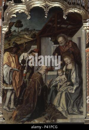 RETABLO MAYOR - DET ADORACION DE LOS REYES-S XV. Autor: Fernando Gallego (C. 1440 - C. 1507). Ort: Marienkirche, Trujillo, Cáceres, Spanien. Stockfoto