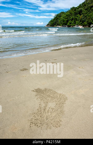 Burrows und sand Pellets durch Sand Bubbler Krebse am Strand in Kota Kinabalu, Borneo, Malaysia links Stockfoto