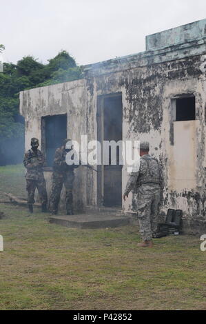 Mitglieder der Grenada spezielle Service Unit Praxis zimmer Clearing während des Training Schiene Teil der Tradewinds 2016, 7. Juni in der Nähe von Greenville, Grenada. Das Training wurde von den Soldaten des 53rd Infantry Brigade Combat Team der Florida Army National Guard angewiesen. Tradewinds 2016 ist eine gemeinsame kombinierte Übung in Verbindung mit Partnerstaaten durchgeführt, um die kollektiven Fähigkeiten der Streitkräfte und constabularies grenzüberschreitende organisierte Kriminalität entgegenzuwirken und Humanitäre/Katastrophenhilfe Operationen durchzuführen, zu verbessern. Stockfoto