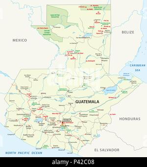 Vektor Straße Karte von Guatemala mit den wichtigsten Maya Ruinen und Nationalparks Stock Vektor