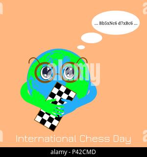 International Chess Tag. 20. Juli. Konzept eines Spiels. Planet Erde ist ein Junge mit Brille mit einem Schachbrett. Denkt über Schach bewegt Stock Vektor