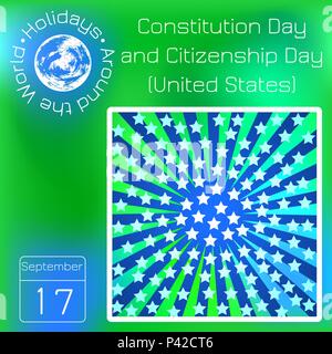 Tag der Verfassung und der Unionsbürgerschaft Tag in den Vereinigten Staaten. Blaue Strahlen, weißen Sternen. Kalender. Urlaub rund um die Welt. Ereignis des Tages. Grüne blur Stock Vektor