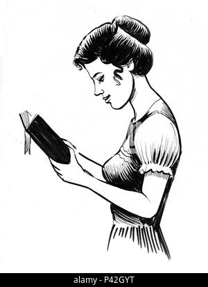 Hübsche Dame ein Buch lesen. Tinte schwarz und weiß Abbildung: Stockfoto
