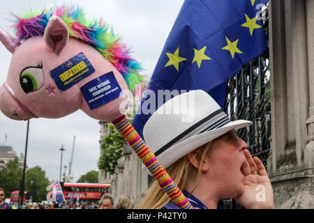 Westminster, London, Großbritannien. 20. Juni 2018 - Pro-EU-Befürworter zeigt außerhalb des Parlaments als Mitglieder des Parlaments Aussprache und Abstimmung später heute auf Brexit Herren Änderungen von der Rücknahme Rechnung. Die Regierung verlor die Abstimmung im Oberhaus über einen Änderungsantrag MPs eine "sinnvolle Abstimmung "auch wenn die Regierung eine Brexit Angebot zu erreichen. Credit: Dinendra Haria/Alamy leben Nachrichten Stockfoto