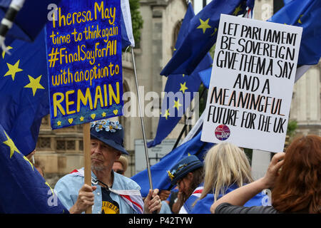 Westminster, London, Großbritannien. 20. Juni 2018 - Pro-EU-Befürworter zeigt außerhalb des Parlaments als Mitglieder des Parlaments Aussprache und Abstimmung später heute auf Brexit Herren Änderungen von der Rücknahme Rechnung. Die Regierung verlor die Abstimmung im Oberhaus über einen Änderungsantrag MPs eine "sinnvolle Abstimmung "auch wenn die Regierung eine Brexit Angebot zu erreichen. Credit: Dinendra Haria/Alamy leben Nachrichten Stockfoto