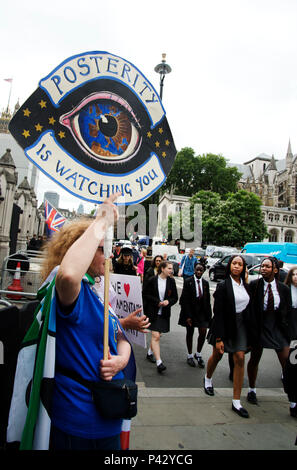 London, Großbritannien. 20. Juni 2018. Demonstranten vor dem Parlament, Westminster, London als Mitglieder des Parlaments der Europäischen Union Rücknahme Bill, 20. Juni 2018. Ein demonstrant von Worcester hält ein Kunstwerk von Auge und europäischen Sterne und die Worte "die Nachwelt passt sie', wie Schülerinnen in Uniform vorbei. Credit: Jenny Matthews/Alamy leben Nachrichten Stockfoto