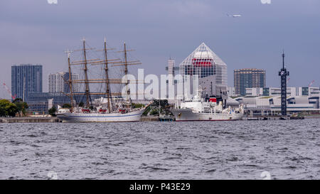 Airliner fliegt über die Bucht und den Hafen von Tokyo, Japan, im Bezirk Minato Stockfoto