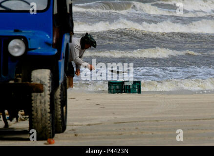 Pescador na Beira da Praia com Gaivota sobrevoando em Tramandai Litoral Norte do Rio Grande Sul - Daten: 31/10/2013 Foto: Carlos Eduardo Quadros/Fotoarena Stockfoto