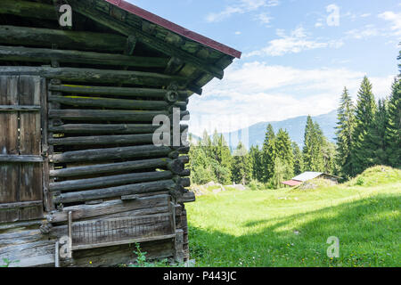 Scheune in den Bergen mit Panoramablick im Sommer Stockfoto