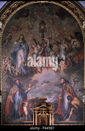 TRIUNFO DE LA EUCARISTIA ADORADA POR LA VIRGEN, Los Angeles, SAN AGUSTIN Y SANTO TOMAS DE VILLANUEVA - SIGLO XVII - BARROCO ESPAÑOL. Autor: Juan de Sevilla Romero (1643-1695). Lage: Iglesia de la Magdalena, Granada, Spanien. Stockfoto