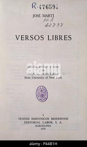 VERSOS LIBRES 1970. Autor: Jose Marti. Lage: Biblioteca Nacional - COLECCION, MADRID, SPANIEN. Stockfoto