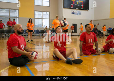 Us Marine Corps Lance Cpl. Dakota Boyer, Mitte, serviert eine Volleyball während einer Abteilung 2016 Verteidigungsministerium (DoD) Krieger Spiele pregame Warmup an der US-Militärakademie in West Point, New York, 13. Juni 2016. Boyer, ein Petoskey, Michigan, Eingeborener, ist ein Mitglied der 2016 DoD Krieger spiele Team Marine Corps. Die 2016 DoD Krieger Spiele ist eine adaptive Sport Wettbewerb für die Verwundeten, Kranken und Verletzten Service Mitglieder und Veteranen aus der US-Armee, Marine Corps, Navy, Air Force Special Operations Command und der britischen Streitkräfte. (U.S. Marine Corps Foto von Cpl. Calvin Shamoon/Freigegeben) Stockfoto