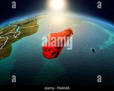 Sonnenaufgang über Madagaskar in Rot hervorgehoben auf dem Modell des Planeten Erde im Weltraum mit sichtbaren Grenzen. 3D-Darstellung. Elemente dieses Bild fu Stockfoto