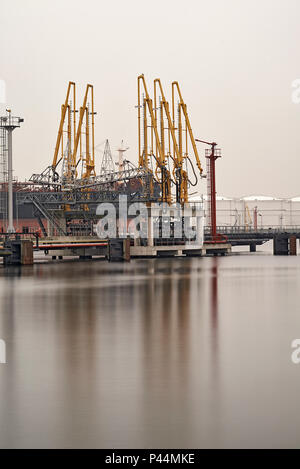 Container schiff angedockt im Hafen von Amsterdam durch riesige Kräne Entladen am Ufer Stockfoto