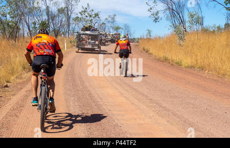 Gibb Herausforderung 2018 Radfahrer in Jersey und Bib fatbike Reiten und Mountainbike Konvoi 4WD Fahrzeuge auf unbefestigten Straße der Gibb River Road Kimberley Australien Stockfoto