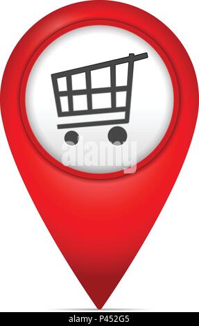 Karte Marker mit Warenkorb Symbol auf weißem Hintergrund. Stock Vektor