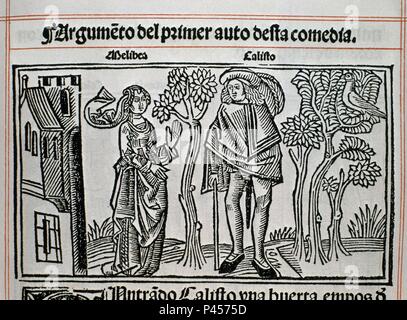 GRABADO DE LA CELESTINA IMPRESO EN BURGOS EN 1499. Autor: Fernando de Rojas (C. 1470-1541). Lage: Biblioteca Nacional - COLECCION, MADRID, SPANIEN. Stockfoto