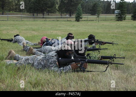 Soldaten aus der 108 multifunktionale Medizinische Bataillon, Oklahoma Army National Guard, brennen Positionen übernehmen die Sicherheit und die Rückkehr Brand während auf eine lebensrettende Maßnahmen Ausbildung Lane West Camp Rapid während der Goldenen Coyote Übung, Rapid City, S.D., 14. Juni 2016. Die goldenen Coyote Übung ist eine dreiphasige, Szenario-driven Übung in den Black Hills von South Dakota und Wyoming, mit dem Kommandanten auf der Mission wesentliche Anforderungen der Aufgabe, Krieger Aufgaben und Übungen zu konzentrieren. (U.S. Armee Foto von Sgt. 1. Klasse Horace Murray/Freigegeben) Stockfoto