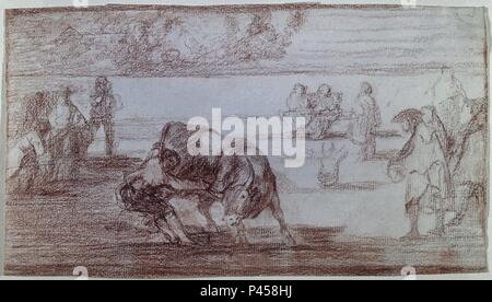 DIBUJO TAUROMAQUIA PREPARATORIO - 16 - EL MISMO VUELCA UN TORO EN LA PLAZA DE MADRID - 1815-1816. Autor: Francisco de Goya (1746-1828). Lage: Museo del Prado - DIBUJOS, MADRID. Stockfoto