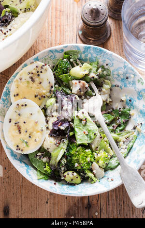 Protein Huhn & ei Salat mit Brokkoli, Quinoa, Edamame Bohnen und Avocado Dressing Stockfoto