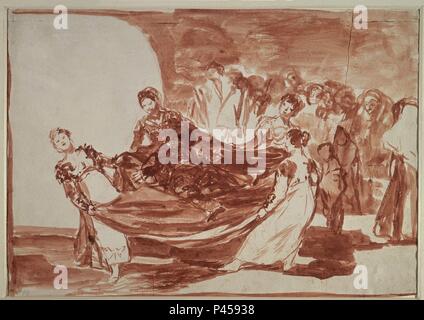 LOS DISPARATES O LOS PROVERBIOS (1815-1823) - UNTERSCHIEDLICHE 1 voneinander getrennte FEMENINO (EL PELELE) - DIBUJO PREPARATORIO. Autor: Francisco de Goya (1746-1828). Lage: Museo del Prado - DIBUJOS, MADRID, SPANIEN. Stockfoto