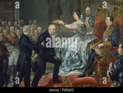 CORONACION DE DON MANUEL QUINTANA POR ISABEL II EN EL SALON DE SESIONES DEL SENADO 25/3/1855-1859 - L 4,20 x 5,61 - Nº INV 15-DET-KONJ Nr. 127283. Autor: Luis López Piquer (1802-1865). Lage: SENADO - PINTURA, MADRID, SPANIEN. Stockfoto