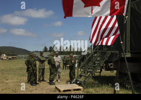 Kanadische Armee Oberst John Conrad, der Kommandant der Brigade 41 kanadische Gruppe, die kanadische Armee, koordiniert die Operationen mit US-Armee Sgt. Maj. Georg Arends, Task Force 41, South Dakota Army National Guard, die zur Unterstützung der Goldenen Coyote Übung am Vorwärts Operating Base Custer, S.D., 15. Juni 2016. Die goldenen Coyote Übung ist eine dreiphasige, Szenario-driven Übung in den Black Hills von South Dakota und Wyoming, mit dem Kommandanten auf der Mission wesentliche Anforderungen der Aufgabe, Krieger Aufgaben und Übungen zu konzentrieren. (U.S. Armee Foto von SPC. Mitchell Murphy/Nicht freigegeben) Stockfoto