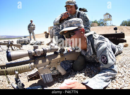 Private Joseph J. Quitugua 1 Bataillon, 294 Infanterie Regiment Guam Army National Guard erhält in einem guten Bauchlage vor Nutzung der M110 semi-automatischen Sniper system Sniper Training während der Exportierbaren Kampftraining Fähigkeit Übung durchzuführen 13. Juni im Camp Roberts, Kalifornien. XCTC konzentriert sich auf Komplett Instrumental- und realistische gemeinsame Aus- und Fortbildung Platoon & Unternehmen Ausbildung Kenntnisse in Abstimmung mit der ersten Armee zu zertifizieren. Kommandanten und Führungskräfte beurteilen ihre Soldaten Stärken und Schwächen während ein Video Review Sitzung nach dem Training in ihren prof Aids Stockfoto