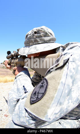 Ein Soldat der 1 Bataillon, 294 Infanterie Regiment Guam Army National Guard die M110 semi-automatischen Sniper system Sniper Training während der Exportierbaren Kampftraining Fähigkeit Übung durchzuführen 13. Juni im Camp Roberts, Kalifornien nutzen. XCTC konzentriert sich auf Komplett Instrumental- und realistische gemeinsame Aus- und Fortbildung Platoon & Unternehmen Ausbildung Kenntnisse in Abstimmung mit der ersten Armee zu zertifizieren. Kommandanten und Führungskräfte beurteilen ihre Soldaten Stärken und Schwächen während ein Video Review Sitzung nach der Ausbildung, die in ihrem Heimatland ihre Deutschkenntnisse Aids als Einzelperson, Team, platoon, Einheit und der Feuerwehr. Stockfoto