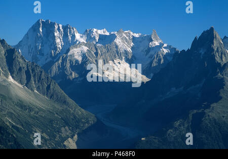 Der Blick von La Flegère über Chamonix, entlang des Mer de Glace zu Les Grandes Jorasses und die Rochefort Arete. Stockfoto