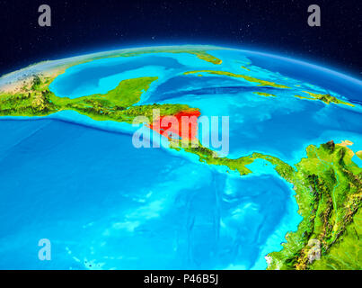 Satellitenansicht von Nicaragua in Rot hervorgehoben auf dem Planeten Erde. 3D-Darstellung. Elemente dieses Bild von der NASA eingerichtet. Stockfoto
