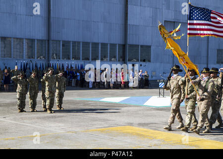 Oberstleutnant Phillip Lamm, Commander, 3.Staffel, 17 Cavalry Regiment und seine Mitarbeiter begrüssen die Farben bei einem Befehl Zeremonie auf Hunter Army Airfield, Juni 20. (Foto von SPC. Scott Lindblom, 3 CAB Public Affairs) Stockfoto