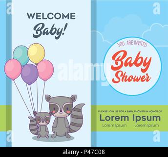 Baby-dusche Einladungskarte mit niedlichen Waschbären mit Ballons über blauen Hintergrund, farbenfrohen Design. Vector Illustration Stock Vektor