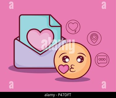 Emoji und Umschlag mit on-line-ähnliche Symbole über rosa Hintergrund, farbenfrohen Design. Vector Illustration Stock Vektor