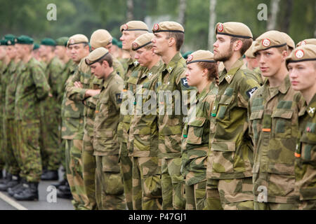 NATO-Verbündeten stehen zusammen bei der Abschlussfeier der Übung Sabre Streik 16, Lettland. (U.S. Marine Corps Foto von Cpl. Kelly L. Straße, 2 D MARDIV COMCAM/Freigegeben) Die norwegischen Soldaten stehen in der Ausbildung vor Beginn der Abschlussfeier der Übung Sabre Streik 16 an Bord Adazi Militärbasis, Lettland, 21. Juni 2016. Die Einheit zwischen Verbündeten sorgt für die kollektive Verteidigung Europas. (U.S. Marine Corps Foto von Cpl. Kelly L. Straße, 2 D MARDIV COMCAM/Freigegeben) Stockfoto