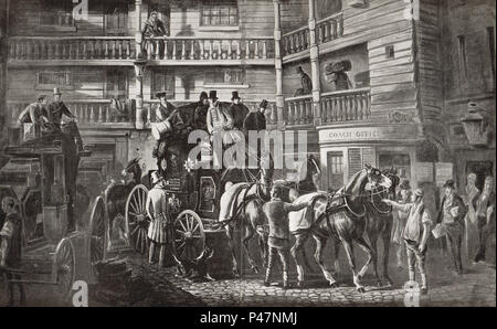 Glasgow mail Coach, Verlassen der Stier und Mund, Coaching Inn in der City von London, um 1830 Stockfoto