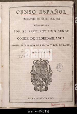 CENSO ESPANOL DE 1787 DEL CONDE DE FLORIDABLANCA. Autor: JOSE MOÑINO, 1 ST GRAF VON FLORIDABLANCA. Lage: Biblioteca Nacional - COLECCION, MADRID, SPANIEN. Stockfoto