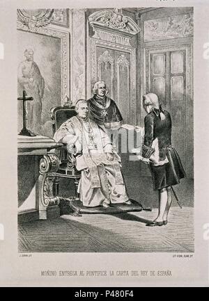 Pius VI. (Pio VI), Papst von 1775 bis 1799. Madrid, National Library. Laufende Übersetzung. SERRA J. EL CONDE DE FLORIDABLANCA ENTREGA UNA CARTA DEL REY AL PAPA PIO VI-S-XVIII. MADRID, Biblioteca Nacional B ARTES. Autor: Juan Serra. Lage: Biblioteca Nacional - COLECCION, MADRID, SPANIEN. Stockfoto