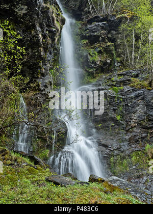 Norwegen, in der Nähe von Fjord, in der Nähe von Flam, inspirierenden Frühling mit fast durchsichtigen hellgrüne Blätter, schöne volle mehrere Wasserfall im Berggebiet Stockfoto