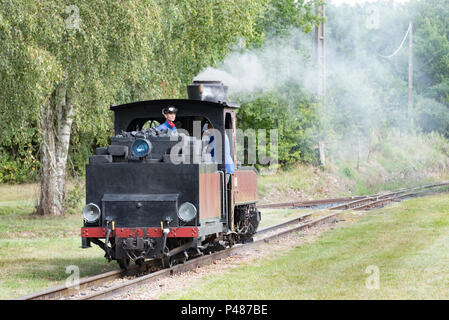 Eine Lokomotive der Chemin de Fer Schmalspur Dampfeisenbahn an der Rille im Pays de la Loire. Stockfoto