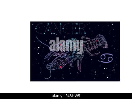Krebs Tierkreiszeichen und Sternbild Symbol auf einem kosmischen blauer Hintergrund mit Sternen. Horoskop Astrologie, Astronomie, Fantasy, Mythologie. Vintage engrav Stock Vektor
