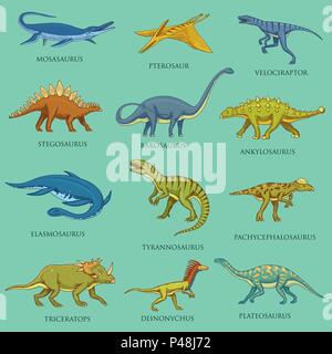 Dinosaurier, jurassic Tiere. Prähistorische Reptilien, graviert Hand gezeichnet vintage Skizze. Piktogramme Sammlung. Tyrannosaurus rex, Triceratops, Brontosaurus, Velociraptor, Triceratops und Stegosaurus. Stock Vektor