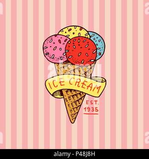 Zirkus gelato Abzeichen. Retro italienische Eiscreme. Vintage Karneval logo oder süß-Emblem. Etikett für das Festival Banner und zeigen, eine Cafeteria und eine Bar. Im Sommer lecker Nachtisch. graviert Hand gezeichnete Skizze. Stock Vektor