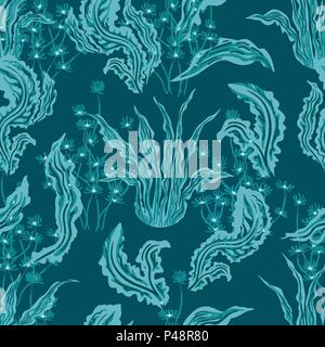 Algen Muster. Silhouette Unterwasserpflanzen nahtlose Muster, Flora blauen Hintergrund Vector Illustration Stock Vektor