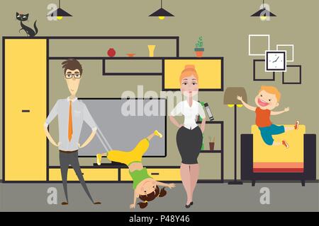 Cute cartoon Familie - Mutter, Vater, Tochter und Sohn in Home Interior. Vector Illustration. Stock Vektor