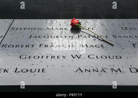 Einzelne rote Straße auf den Namen at 9/11 Memorial South Pool. Jeden Morgen wird ein einzelnes weißes auf die Namen der einzelnen Person an ihrem Geburtstag zulegten. Stockfoto