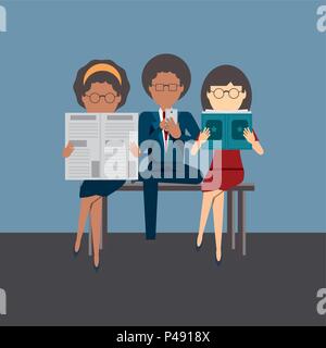 Sitzbank mit Menschen lesen und mit einem Handy über blauen Hintergrund, farbenfrohen Design. Vector Illustration Stock Vektor